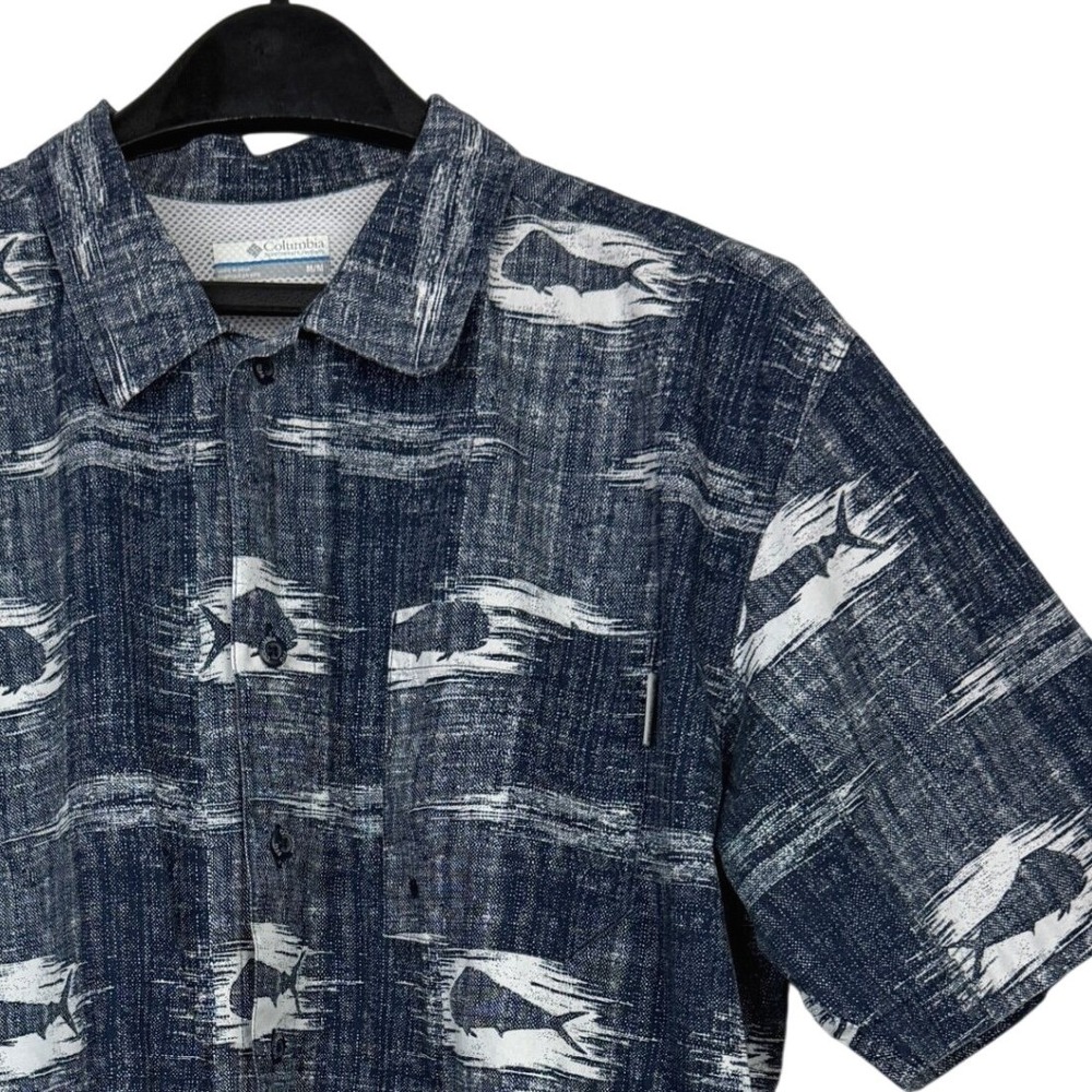 Columbia PFG Fishing Shirt Mens‎ Medium Vented Navy Blue AOP Fish Mahi Mahi